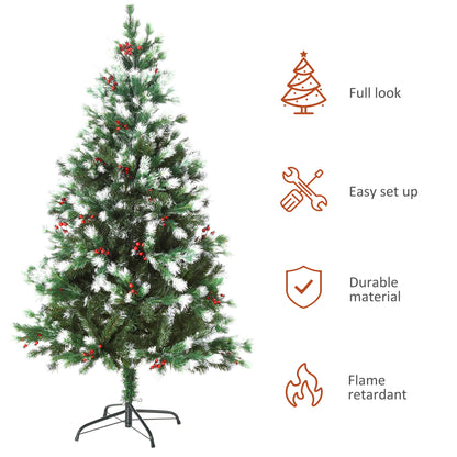 HOMCOM 5ft Artificial Snow-Flocked Pine Tree Holiday Home Christmas Decoration with Red Berries - Green