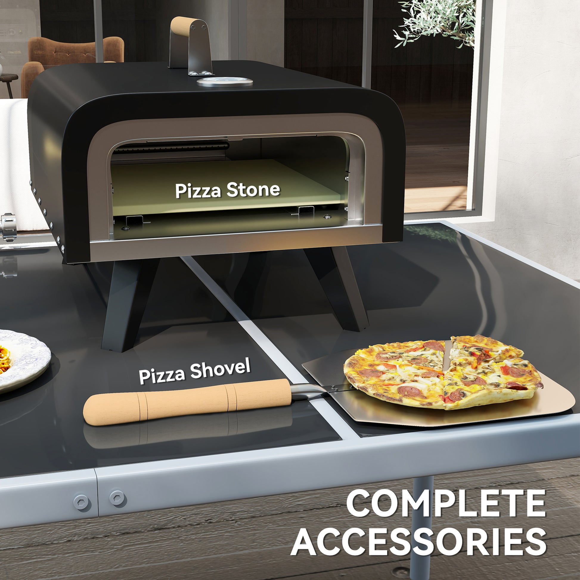 Outsunny Outdoor Tabletop Gas Pizza Oven with 12" Stone and Peel, Portable Pizza Oven Maker with Thermometer, Foldable Legs, Handle, Gas Hose and Regulator, Black