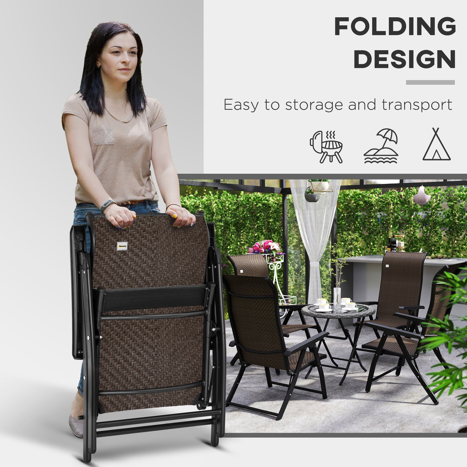 Outsunny Set of Four Folding Garden Chairs, with Seven-Position Adjustable Backs, Dark Brown