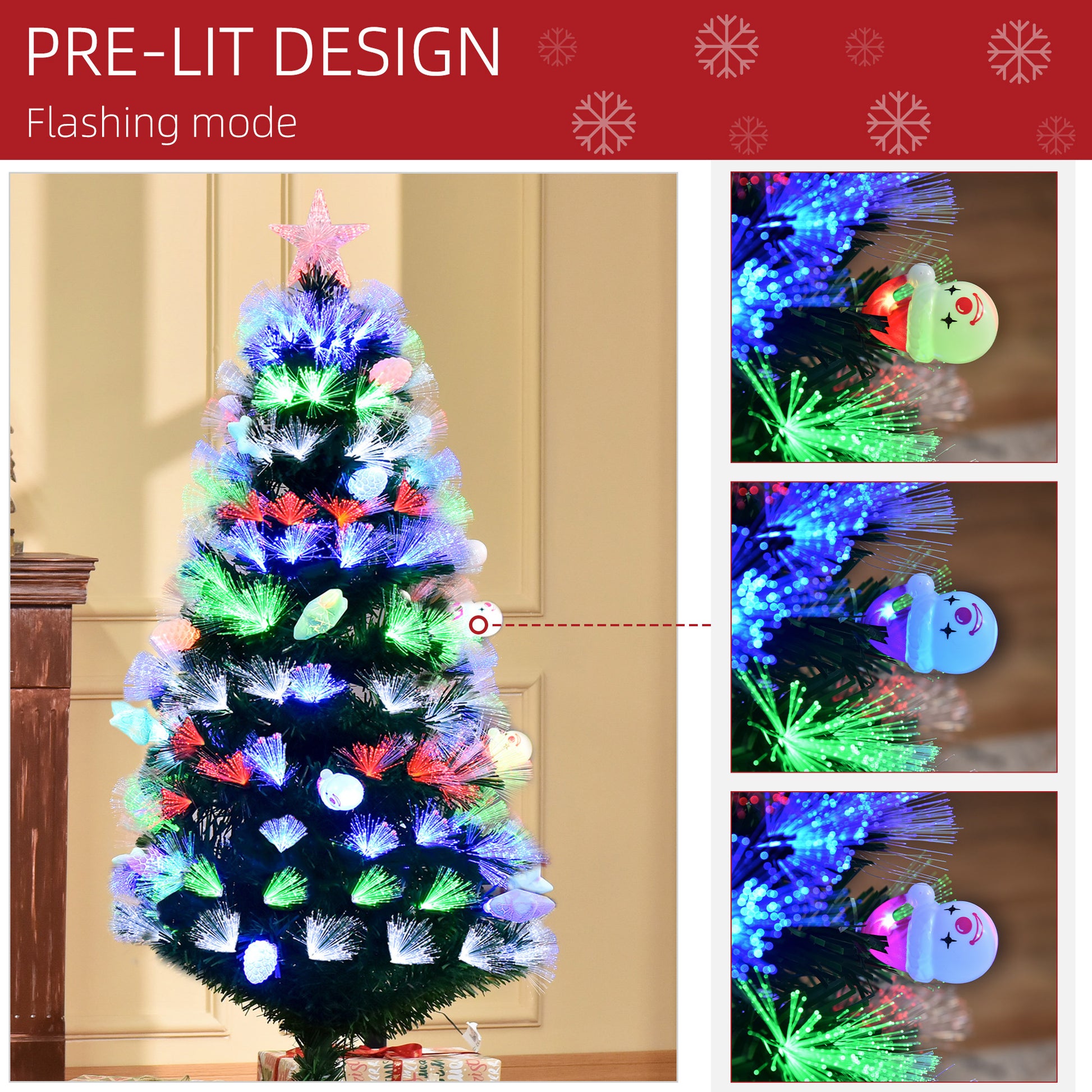 HOMCOM 5FT Pre-Lit Artificial Christmas Tree w/ Fibre Optic Baubles Fitted Star LED Light Holiday Home Xmas Decoration-Green