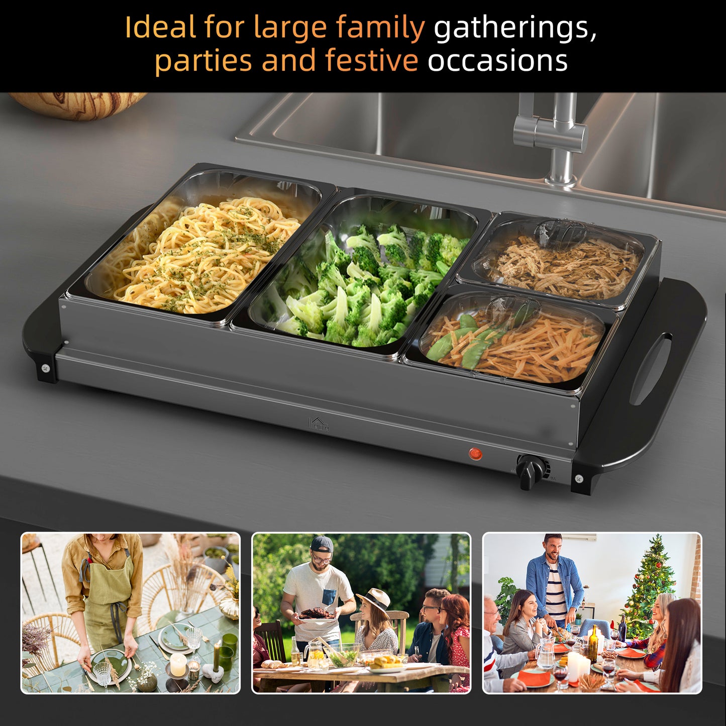 HOMCOM 4 Tray Electric Food Warmer Buffet Server with Plate Warmer Function, Cool Touch Handles, Adjustable Temperature, 300W