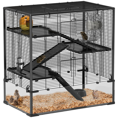 PawHut 4 Tiers Hamster Cage with Deep Tempered Glass Bottom, Hut, Running Wheel, Food Dish, Water Bottle, 78.5 x 48.5 x 80cm
