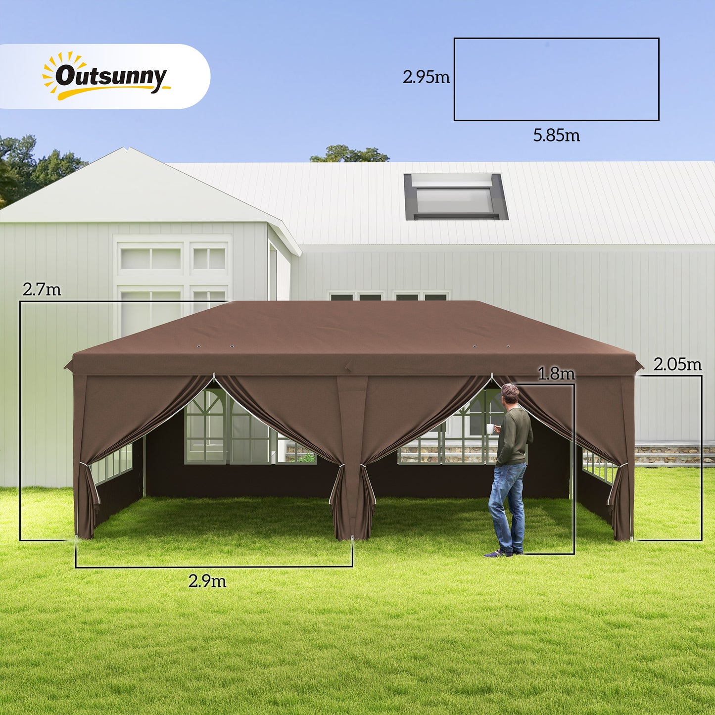 Outsunny 3 x 6 m Pop Up Gazebo with Sides and Windows, Height Adjustable Wedding Camping Party Tent Canopy Marquee with Storage Bag for Garden, Event, Brown