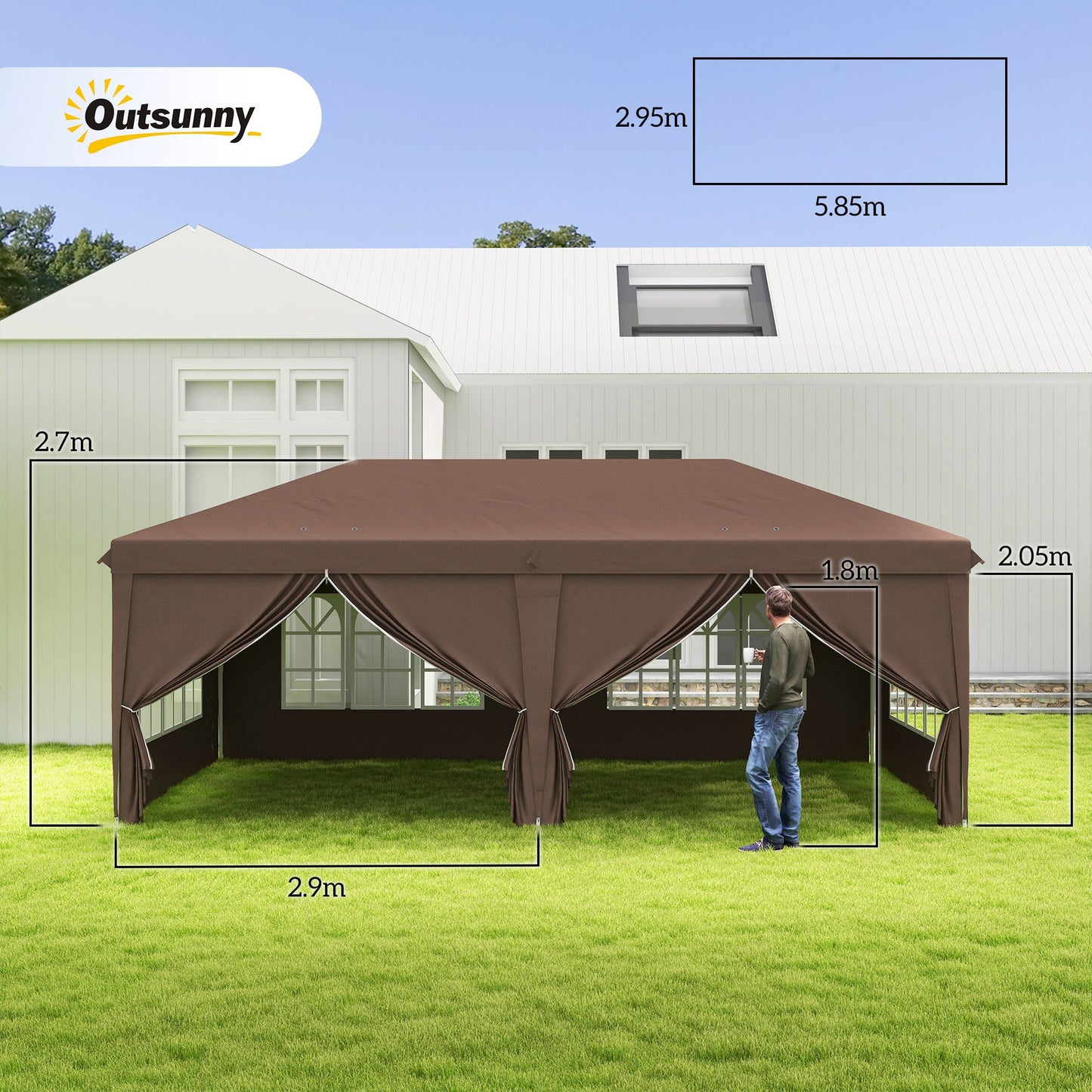 Outsunny 3 x 6 m Pop Up Gazebo with Sides and Windows, Height Adjustable Wedding Camping Party Tent Canopy Marquee with Storage Bag for Garden, Event, Brown