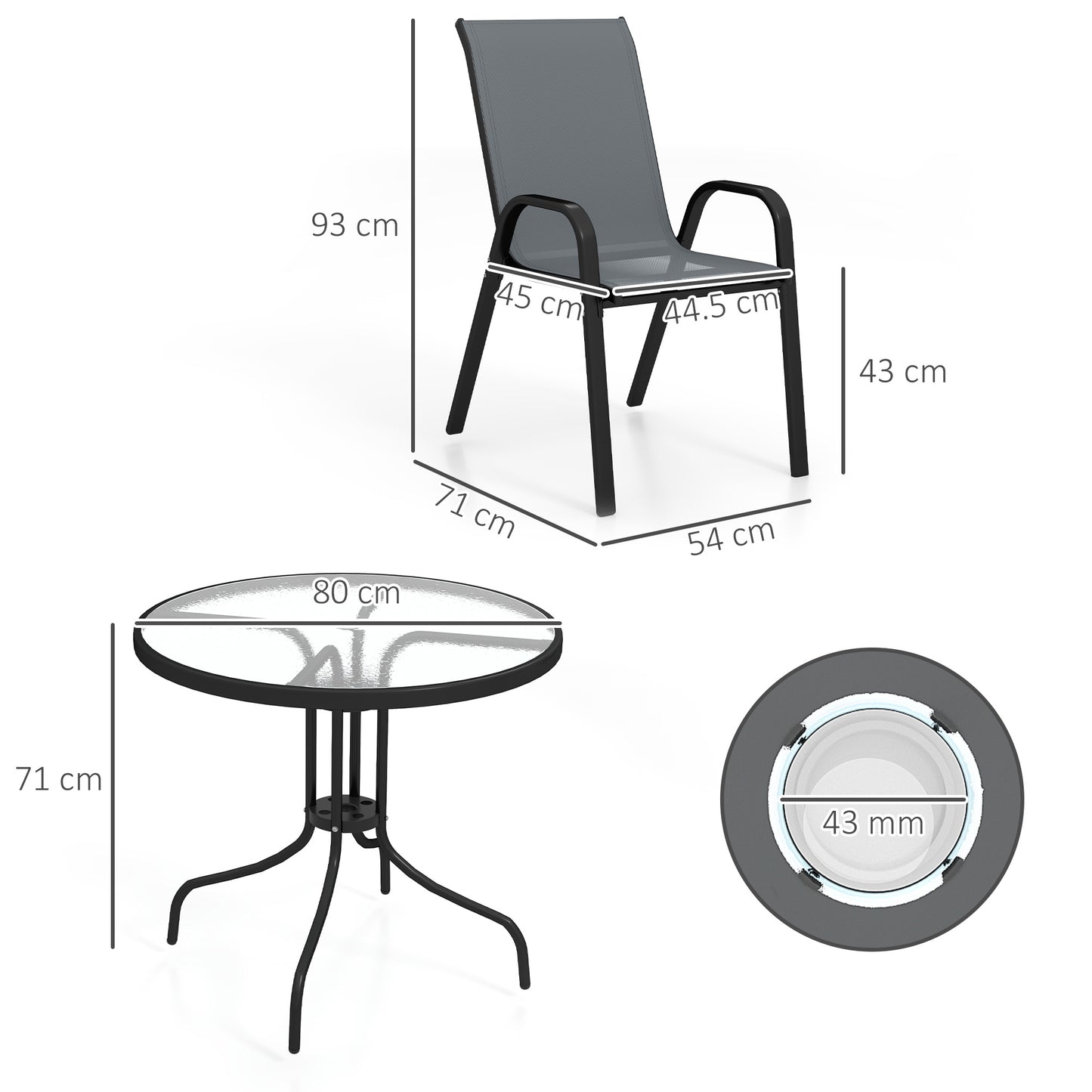 Outsunny Five-Piece Steel Patio Set, with Glass-Top Table - Dark Grey