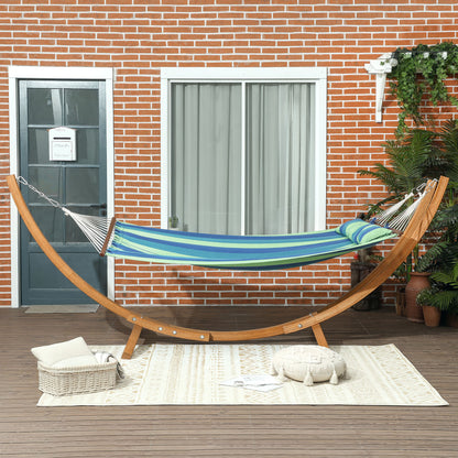 Outsunny Outdoor Hammock with Stand, Garden Hammock with Triple-Head Eucalyptus Wood Arc Frame, 1 Person Cotton Bed and Head Pillow, Freestanding Garden Swing Bed for Patio, Blue Stripe