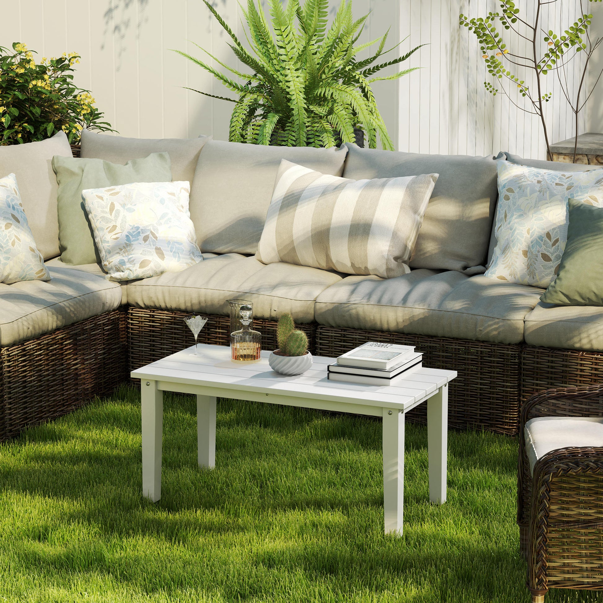 Outsunny Outdoor Garden Coffee Table, HDPE All-Weather Garden Table, Rectangular Outdoor Table with Slatted Tabletop for Patio, Balcony, 91 x 44 x 42 cm, White
