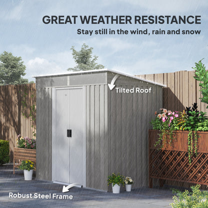 Outsunny 6.5 x 4FT Galvanised Metal Shed with Foundation Kit, Lockable Tool Garden Shed with Double Sliding Doors, Vents, Light Grey Wood Effect