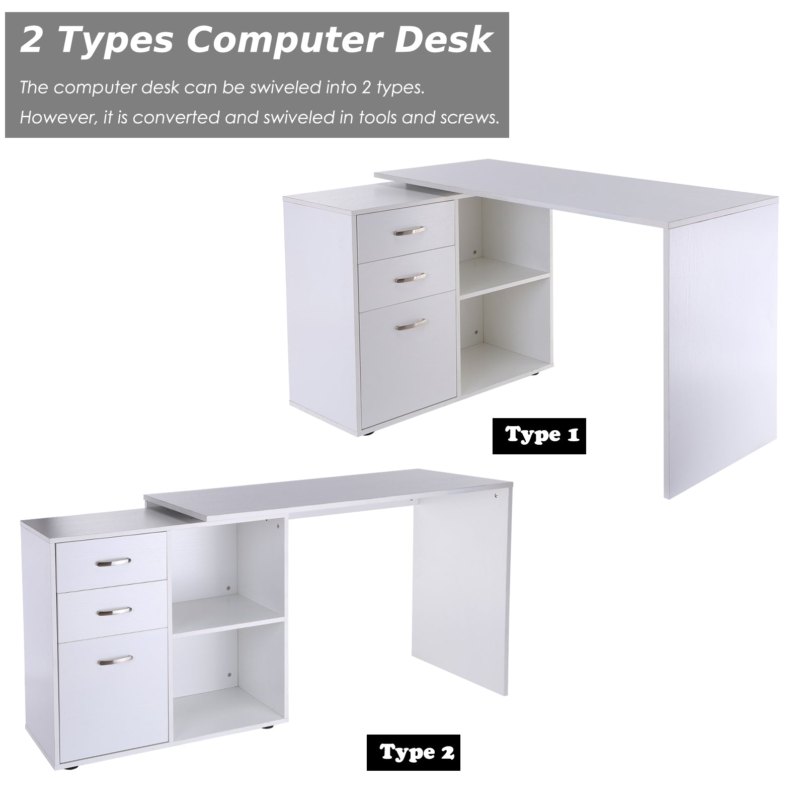 HOMCOM Computer Desk Table Workstation Home Office L Shape Drawer Shelf File Cabinet White