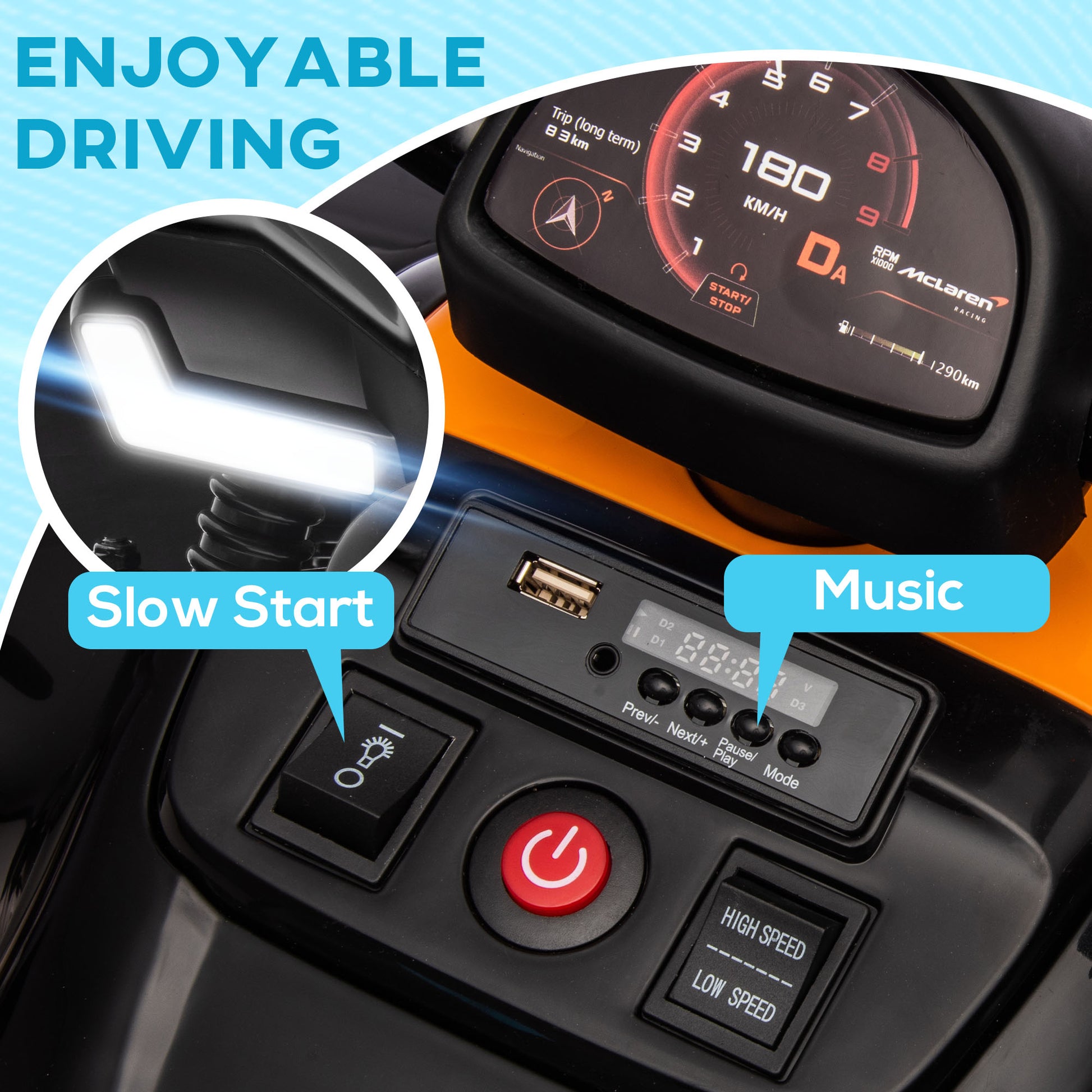 HOMCOM Mclaren Licensed 12V Quad Bike with Slow Start, Music, Headlights, MP3 Slot, Suspension Wheels, for 3-8 Years - Black