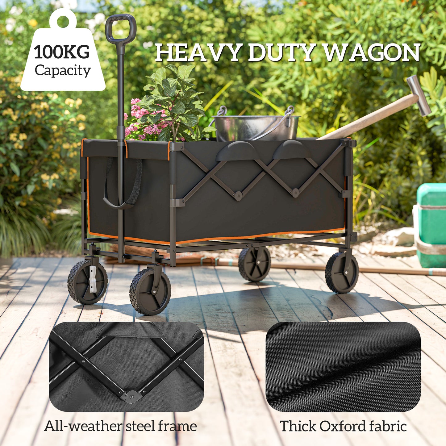 Outsunny 160L Festival Trolley on Wheels, Folding Camping Trolley Cart w/ Tailgate, 100kg Heavy Duty Garden Collapsible Folding Wagon w/Adjustable Handle, Carry Bag for Beach Picnic, Black and Orange