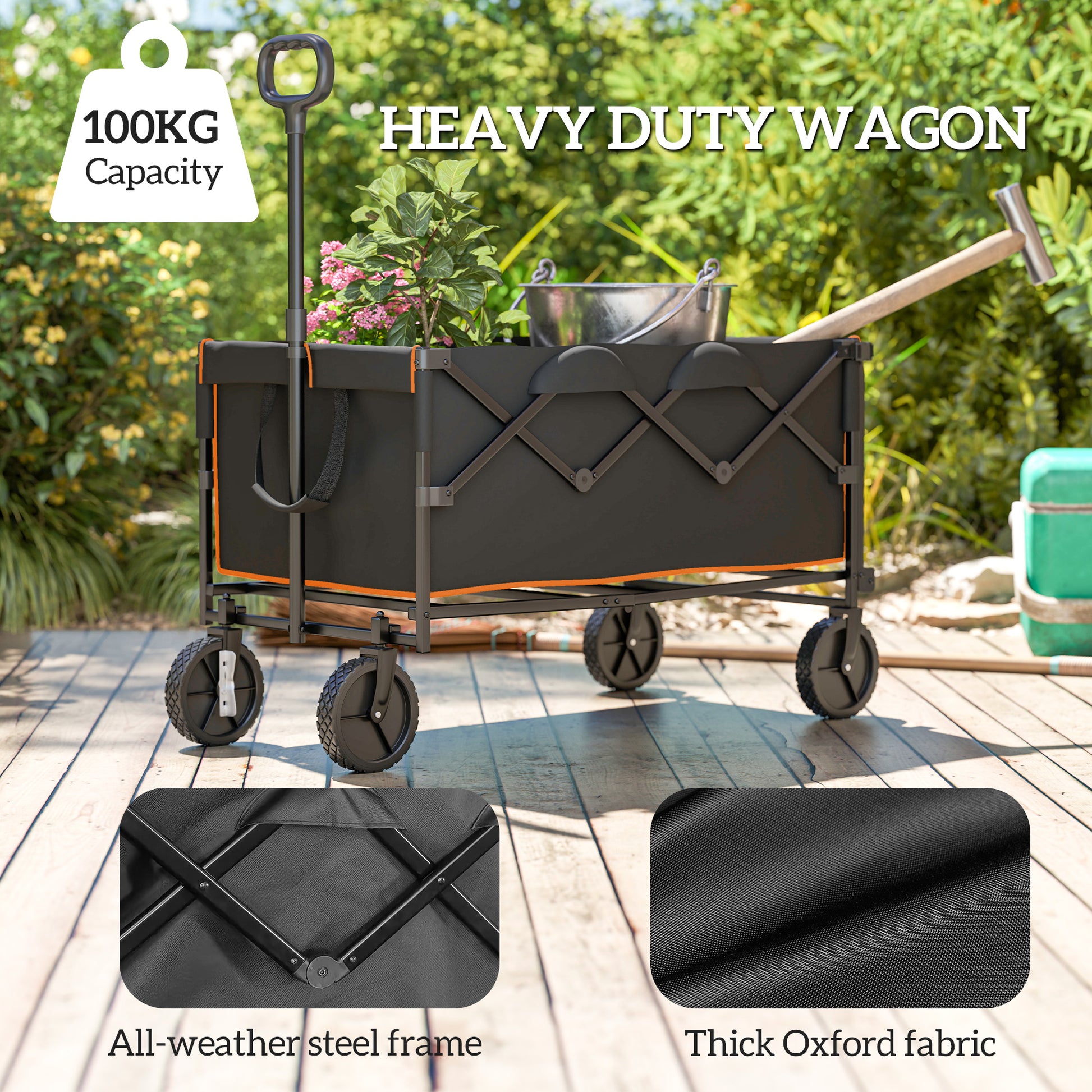Outsunny 160L Festival Trolley on Wheels, Folding Camping Trolley Cart w/ Tailgate, 100kg Heavy Duty Garden Collapsible Folding Wagon w/Adjustable Handle, Carry Bag for Beach Picnic, Black and Orange