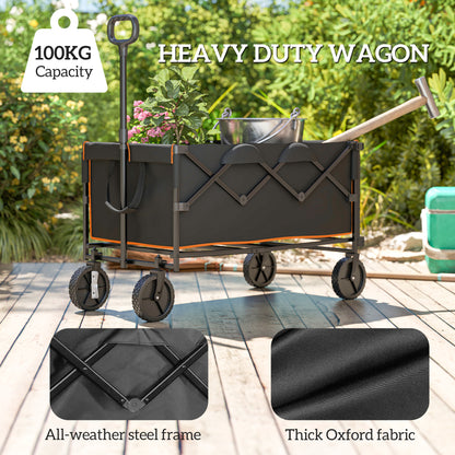 Outsunny 160L Festival Trolley on Wheels, Folding Camping Trolley Cart w/ Tailgate, 100kg Heavy Duty Garden Collapsible Folding Wagon w/Adjustable Handle, Carry Bag for Beach Picnic, Black and Orange