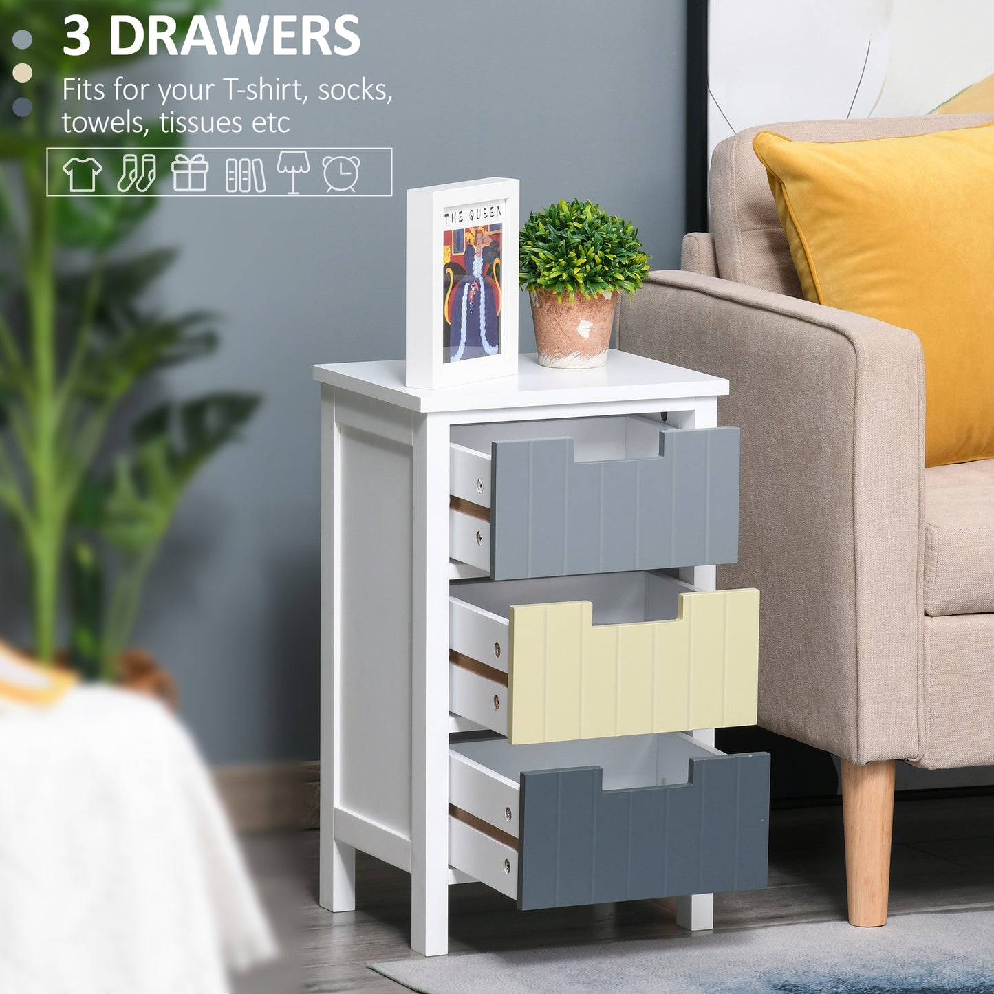 HOMCOM 3 Drawer Storage Tower, Dresser Chest with Wood Top, Organizer Unit for Closets Bedroom Nursery Room Hallway