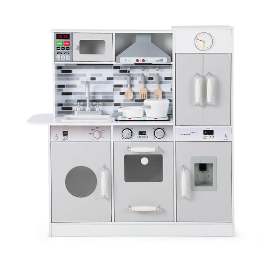 Kid Wooden Play Kitchen Set with Realistic Microwave and Sounds-Grey