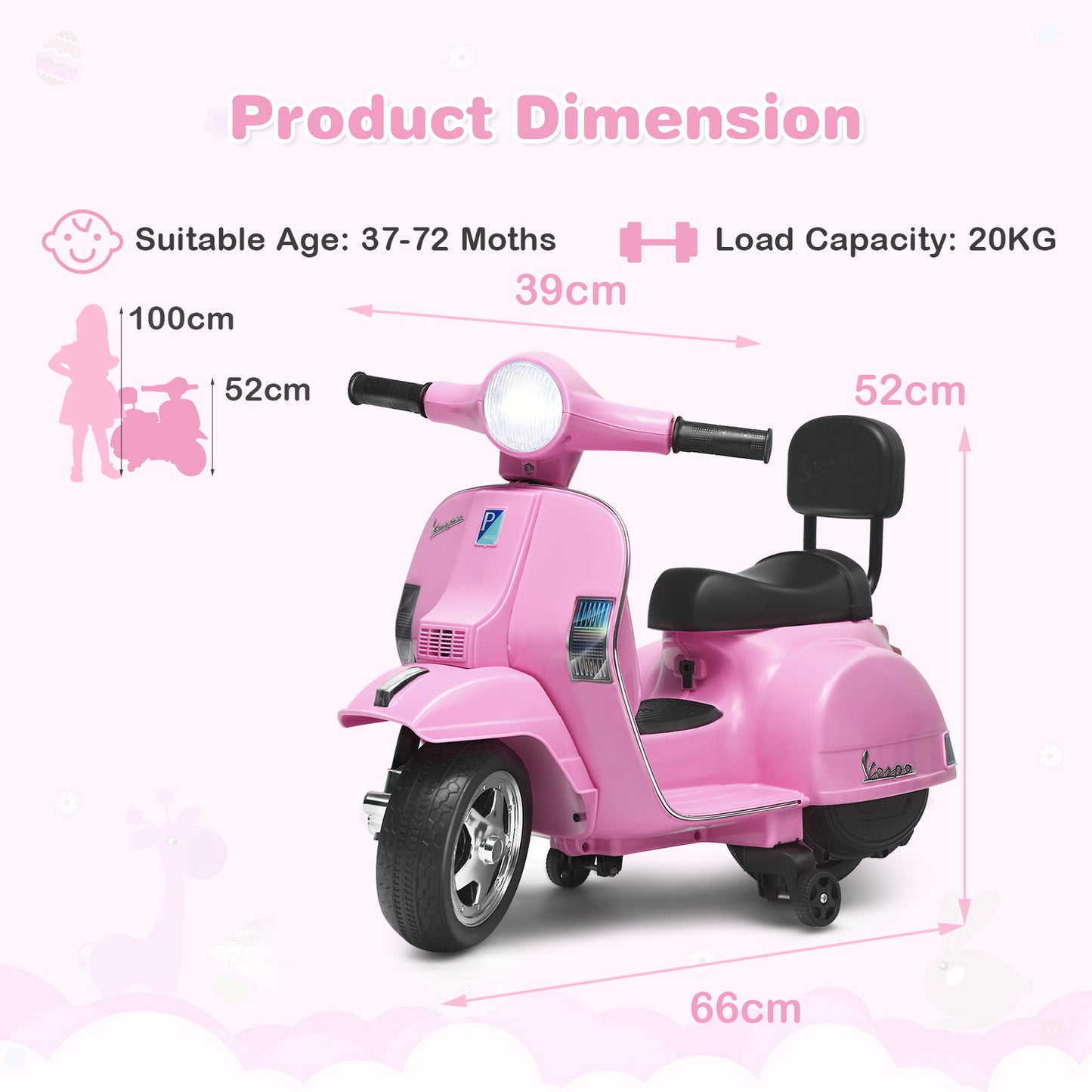 Kids 6V Battery VESPA Compatible Electric Motorbike with Training Wheels-Pink