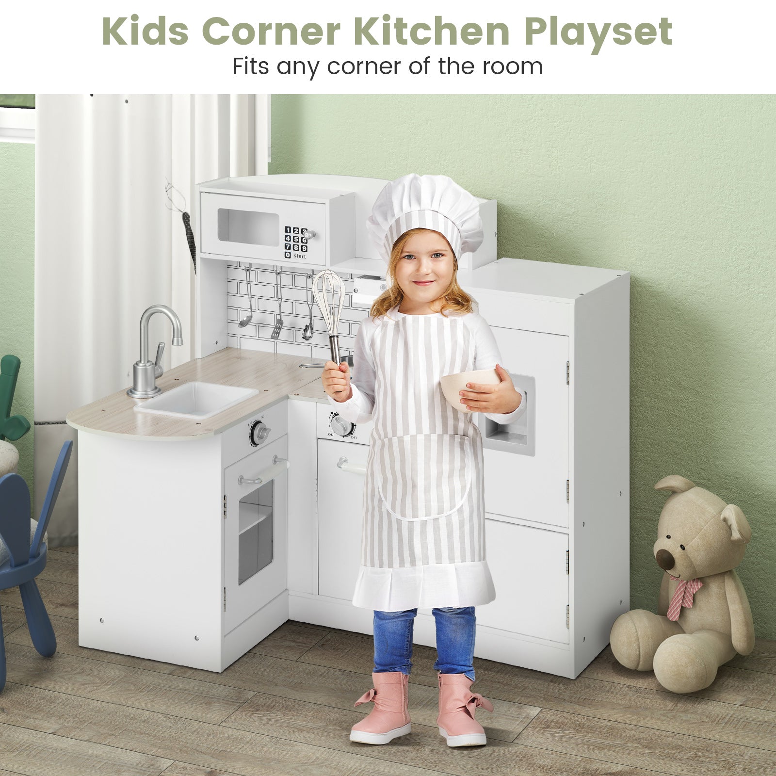 Kid's Wooden Corner Play Kitchen with Ample Accessories-White