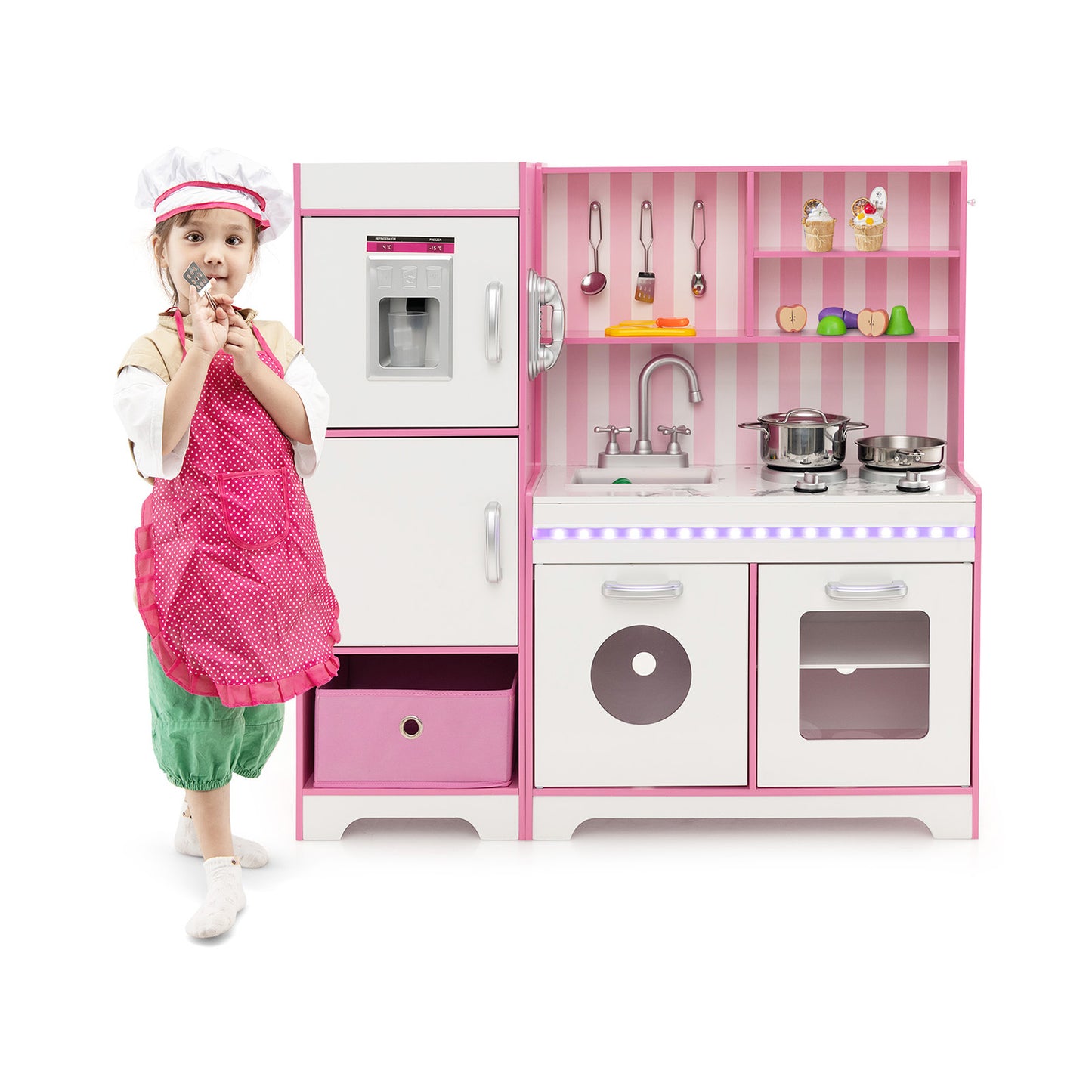 Kids Kitchen Playset with Adjustable LED Lights and Refrigerator-Pink & White