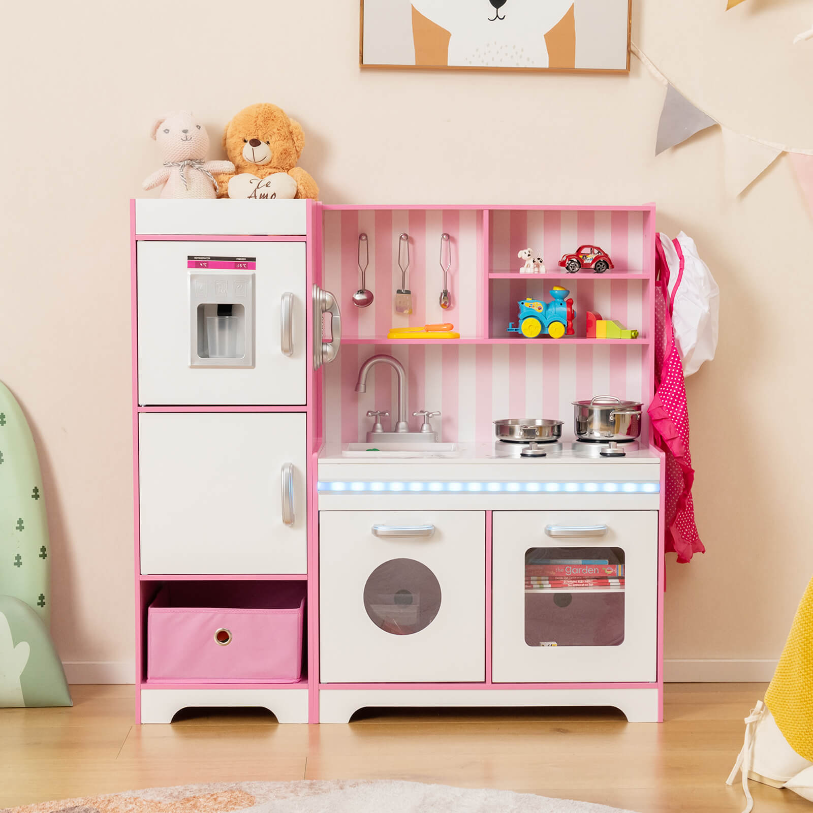 Kids Kitchen Playset with Adjustable LED Lights and Refrigerator-Pink & White