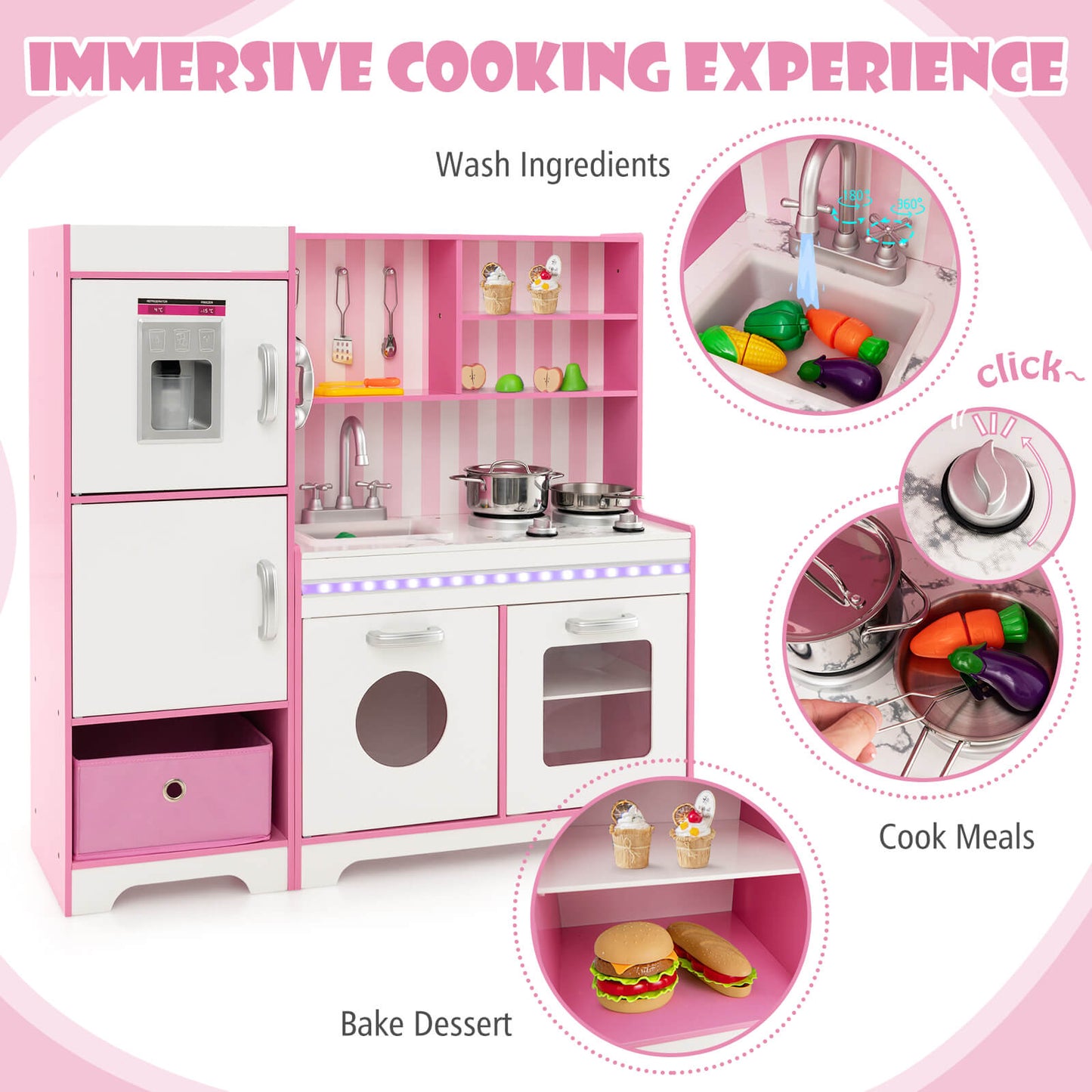 Kids Kitchen Playset with Adjustable LED Lights and Refrigerator-Pink & White