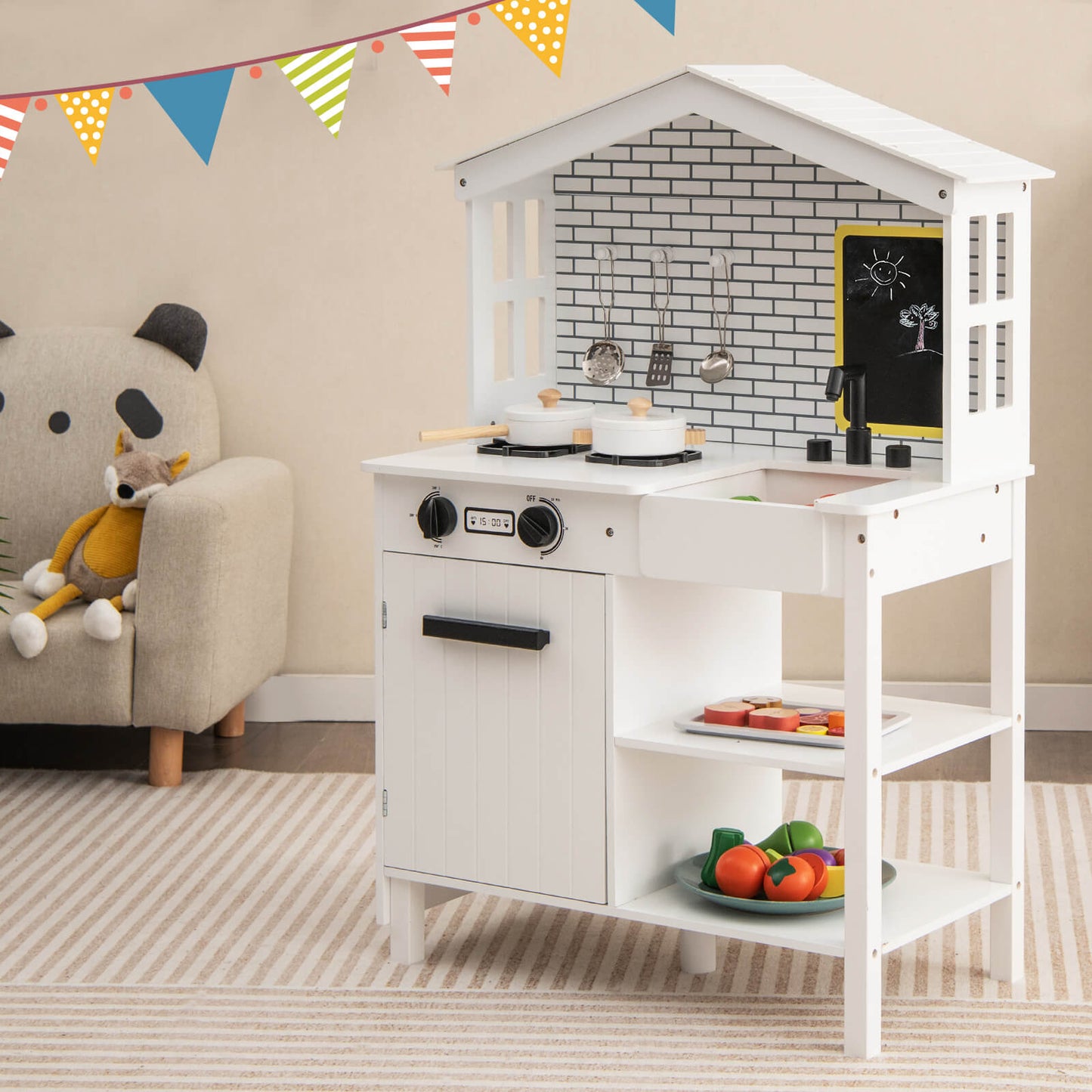 Kids Play Kitchen Pretend Playset with Stoves and Chalkboard-White