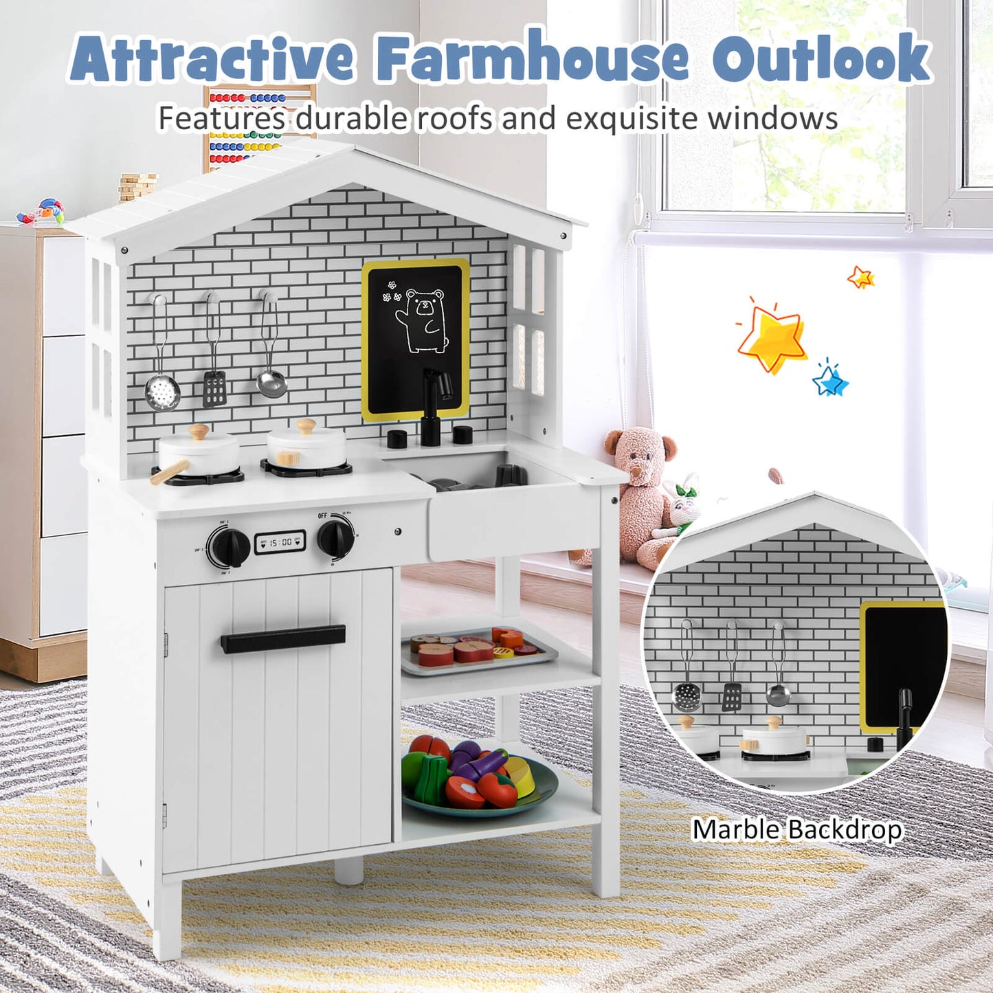 Kids Play Kitchen Pretend Playset with Stoves and Chalkboard-White