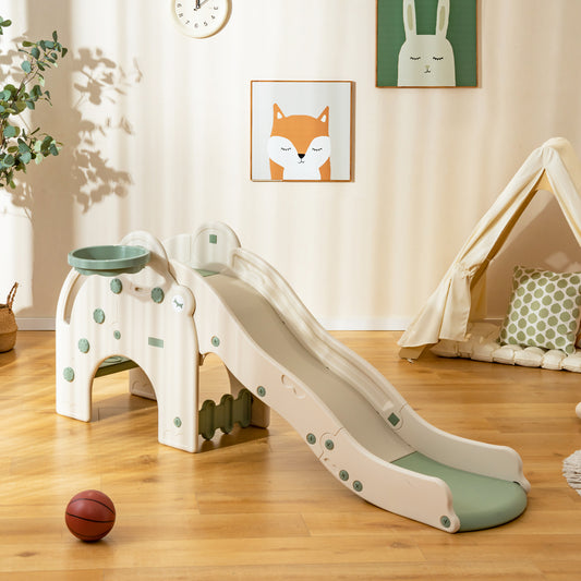 Kids Play Slide with Cute Elephant Shape and Basketball Hoop-Green