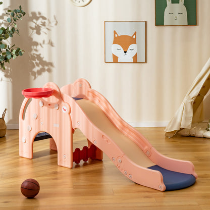 Kids Play Slide with Cute Elephant Shape and Basketball Hoop-Pink