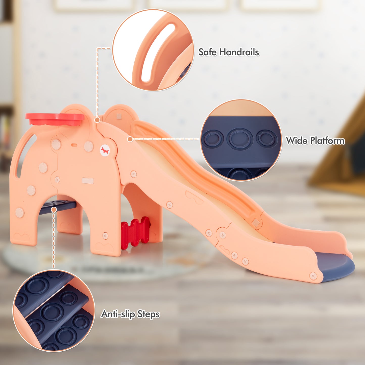 Kids Play Slide with Cute Elephant Shape and Basketball Hoop-Pink