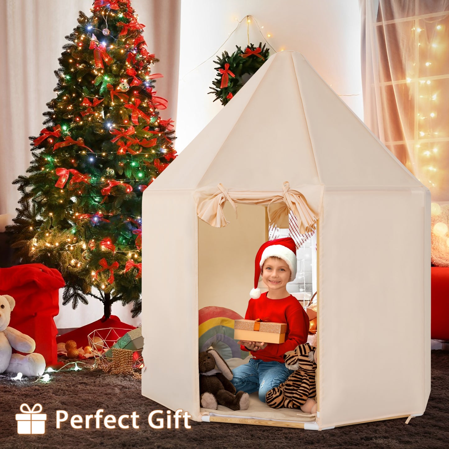 Kids Play Tent with 2 Doors Design and Washable Mat-Beige