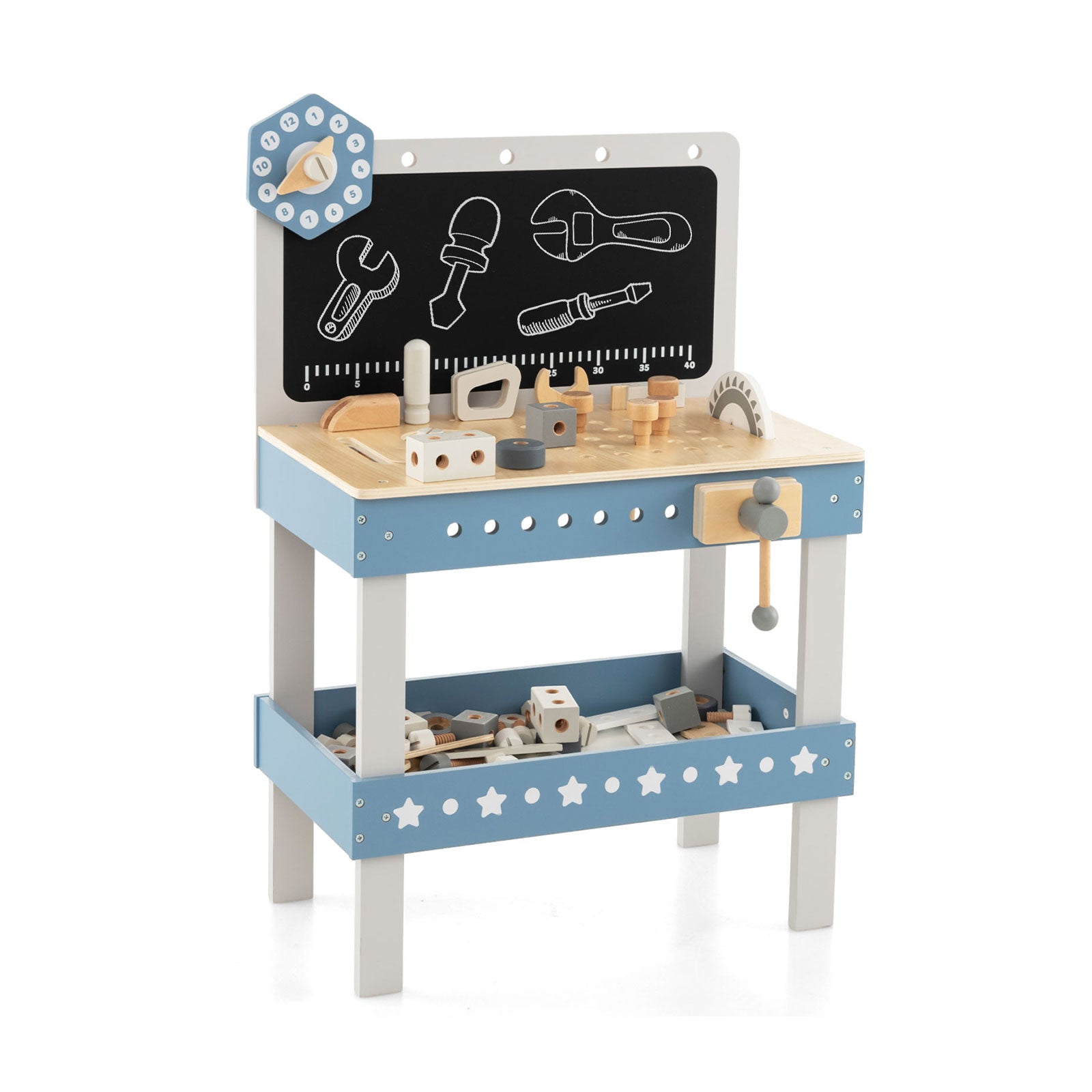  Kids Wooden Play Workbench with Blackboard and Tool Parts Set-Blue