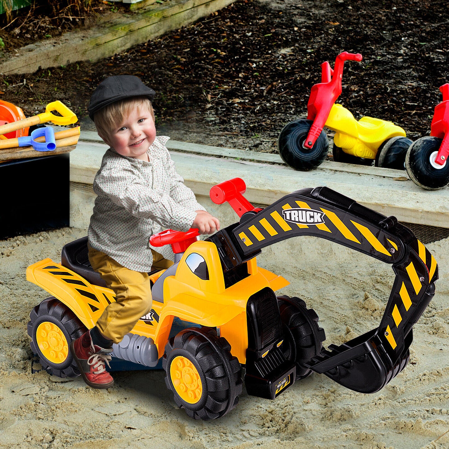 Kids Ride on Digger with Safety Helmet and Toy Stones