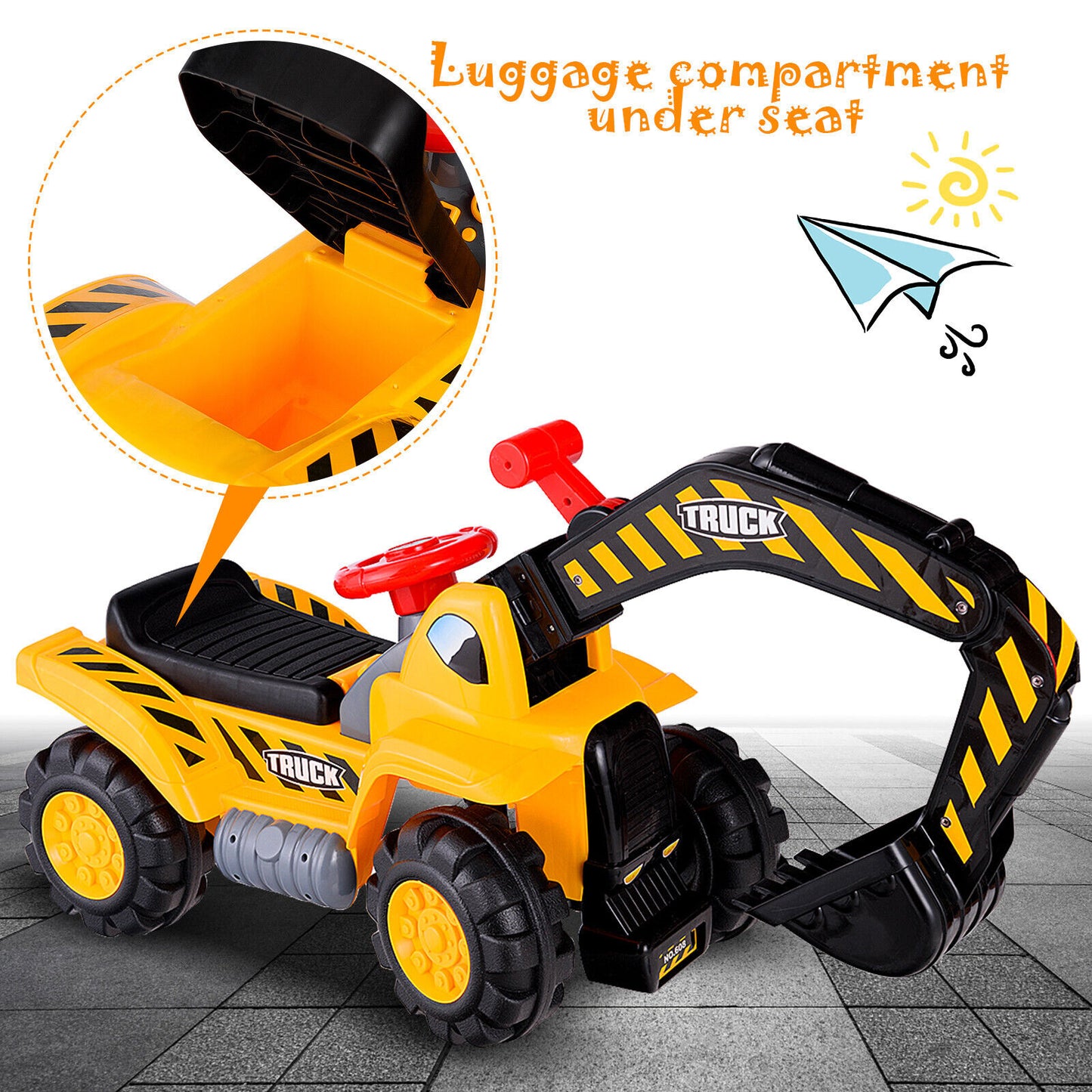 Kids Ride on Digger with Safety Helmet and Toy Stones