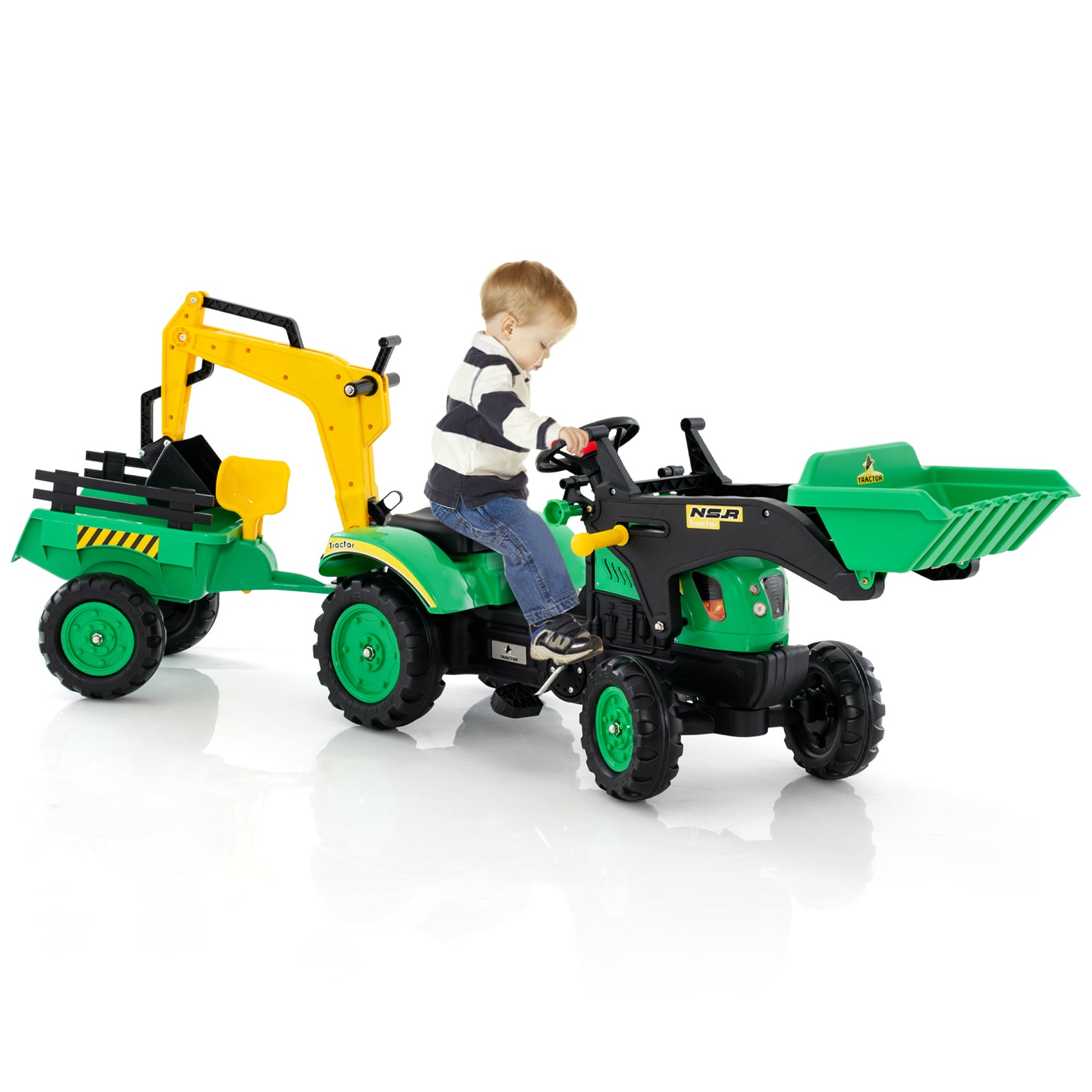 3-in-1 Kids Ride On Pedal Excavator with Detachable Trailer-Green