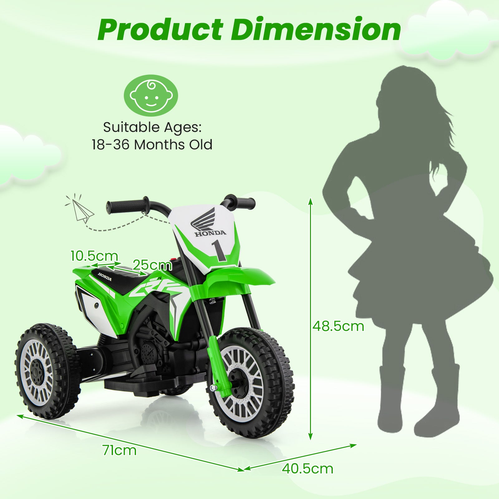 Honda Licensed Kids Ride On Motorbike with Horn Anti-slip Handlebars-Green