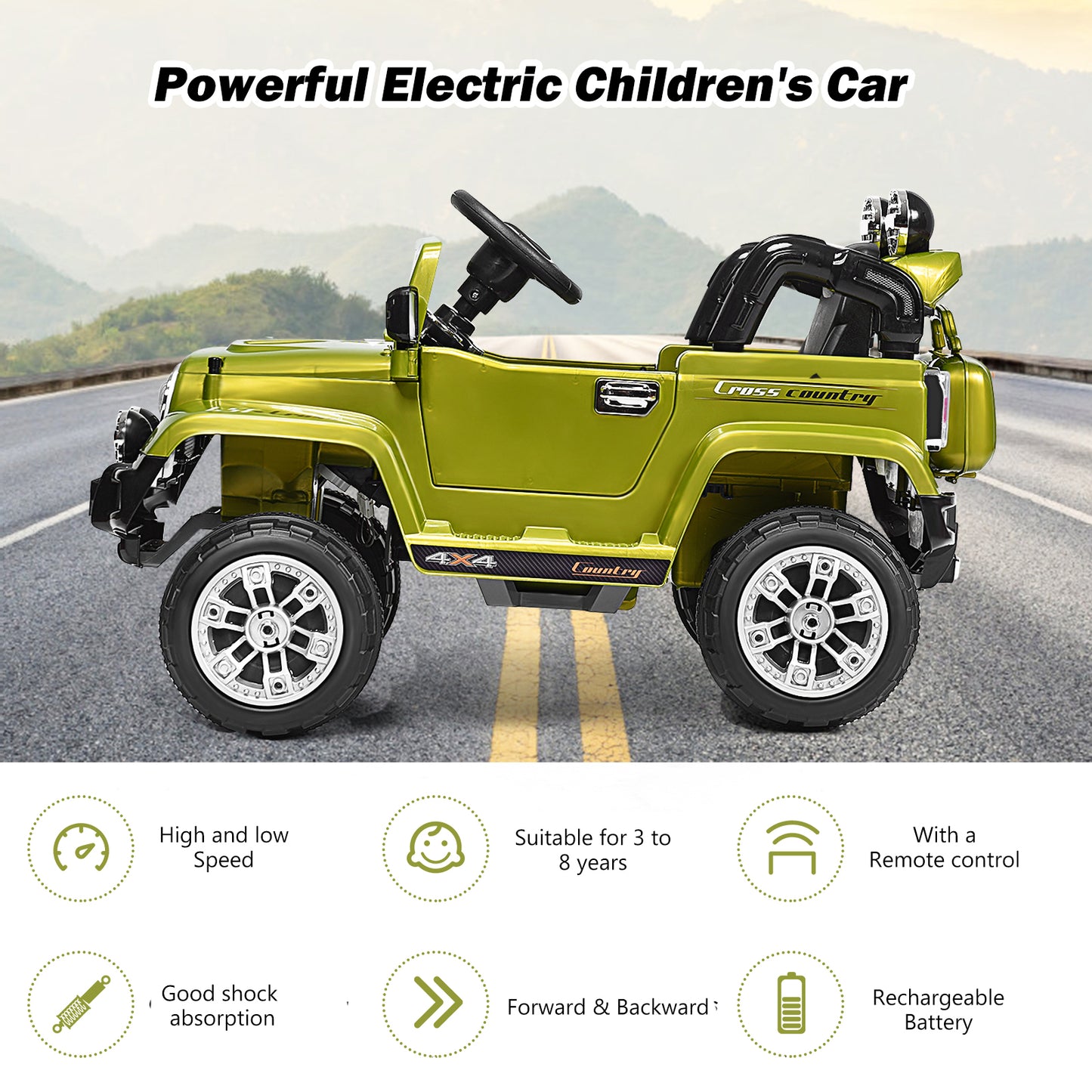Kids Ride on Jeep Car Battery Powered with Remote Control-Green