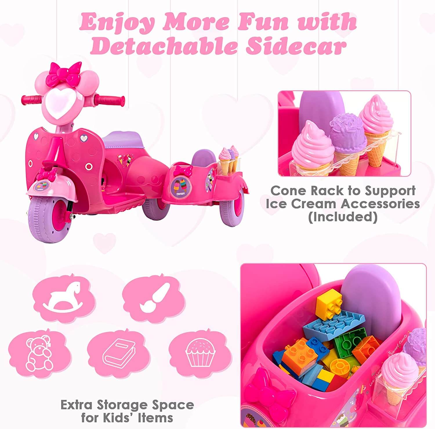 6V Battery Powered Kids Ride on Motorbike with Detachable Sidecar-Pink