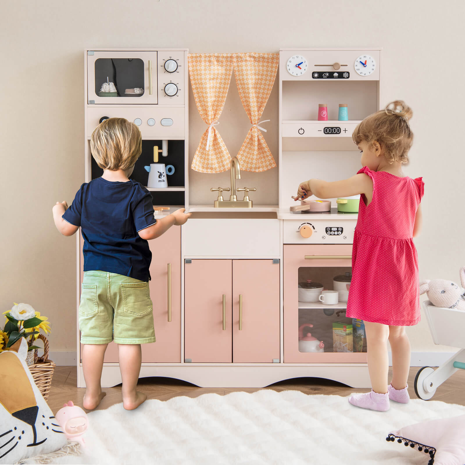 Kids Play Kitchen Wooden with Microwave and Ice Maker with Sounds-Pink