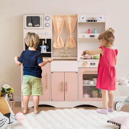 Kids Play Kitchen Wooden with Microwave and Ice Maker with Sounds-Pink