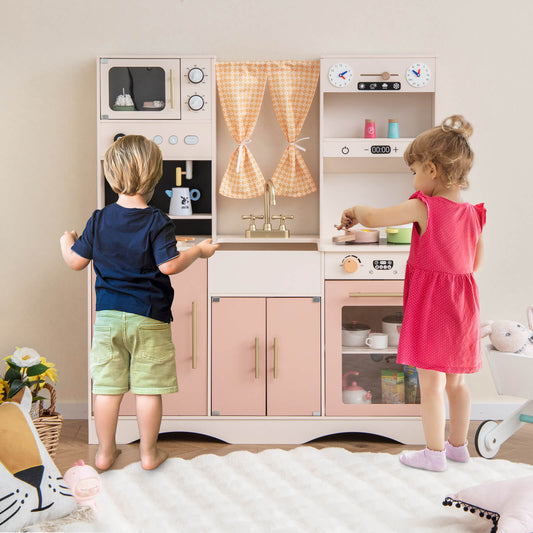Kids Play Kitchen Wooden with Microwave and Ice Maker with Sounds-Pink