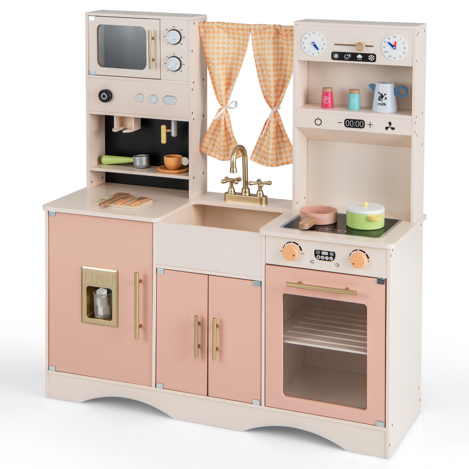 Kids Play Kitchen Wooden with Microwave and Ice Maker with Sounds-Pink