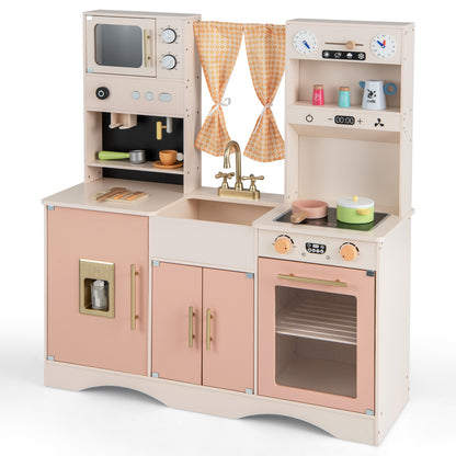 Kids Play Kitchen Wooden with Microwave and Ice Maker with Sounds-Pink
