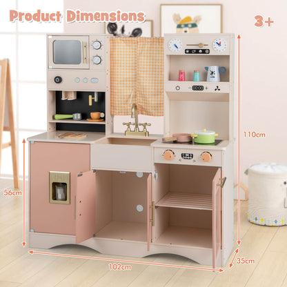 Kids Play Kitchen Wooden with Microwave and Ice Maker with Sounds-Pink