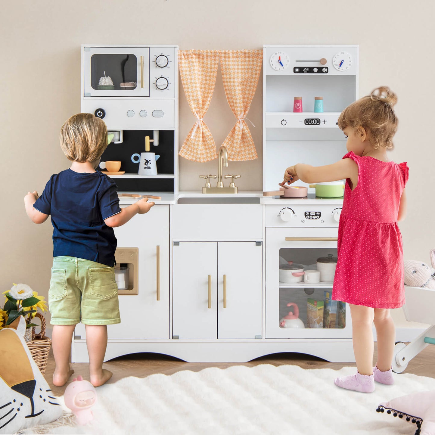 Kids Play Kitchen Wooden with Microwave and Ice Maker with Sounds-White