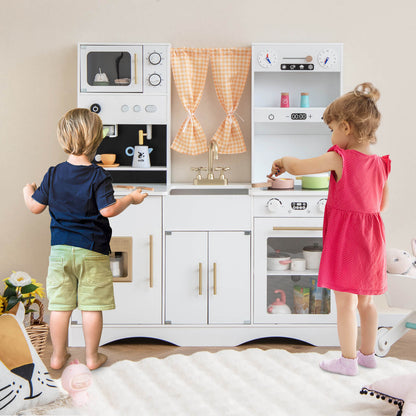 Kids Play Kitchen Wooden with Microwave and Ice Maker with Sounds-White