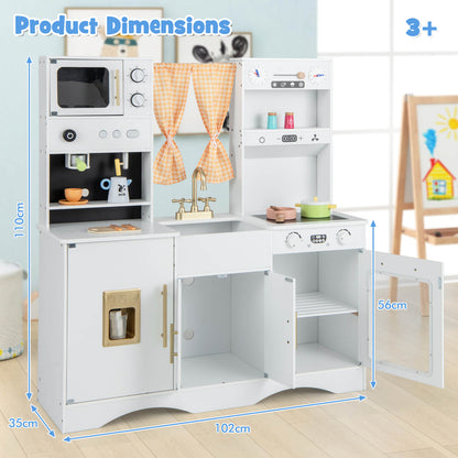 Kids Play Kitchen Wooden with Microwave and Ice Maker with Sounds-White