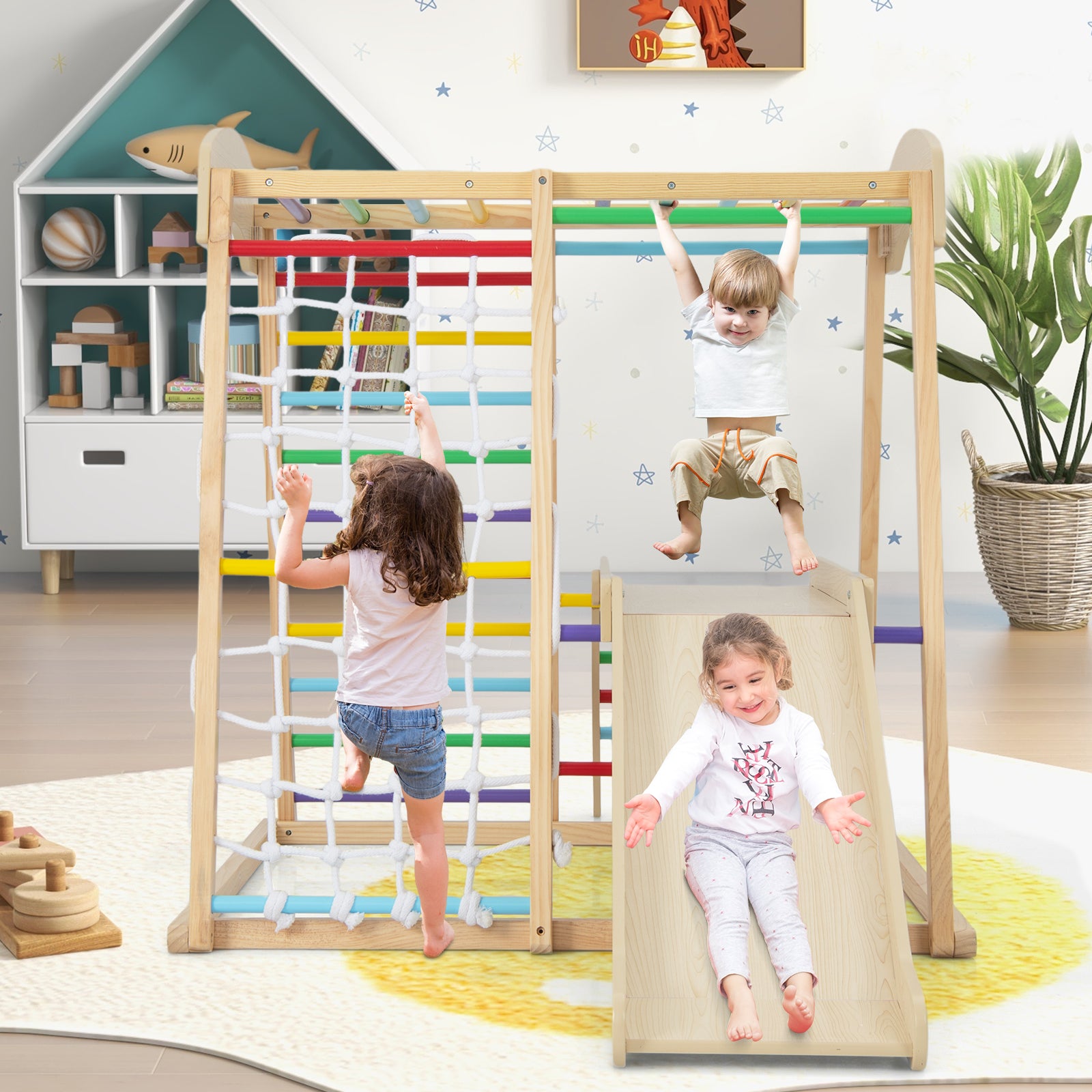 6-in-1 Indoor Jungle Gym Kids Wooden Playground Climber Playset-Multicolor