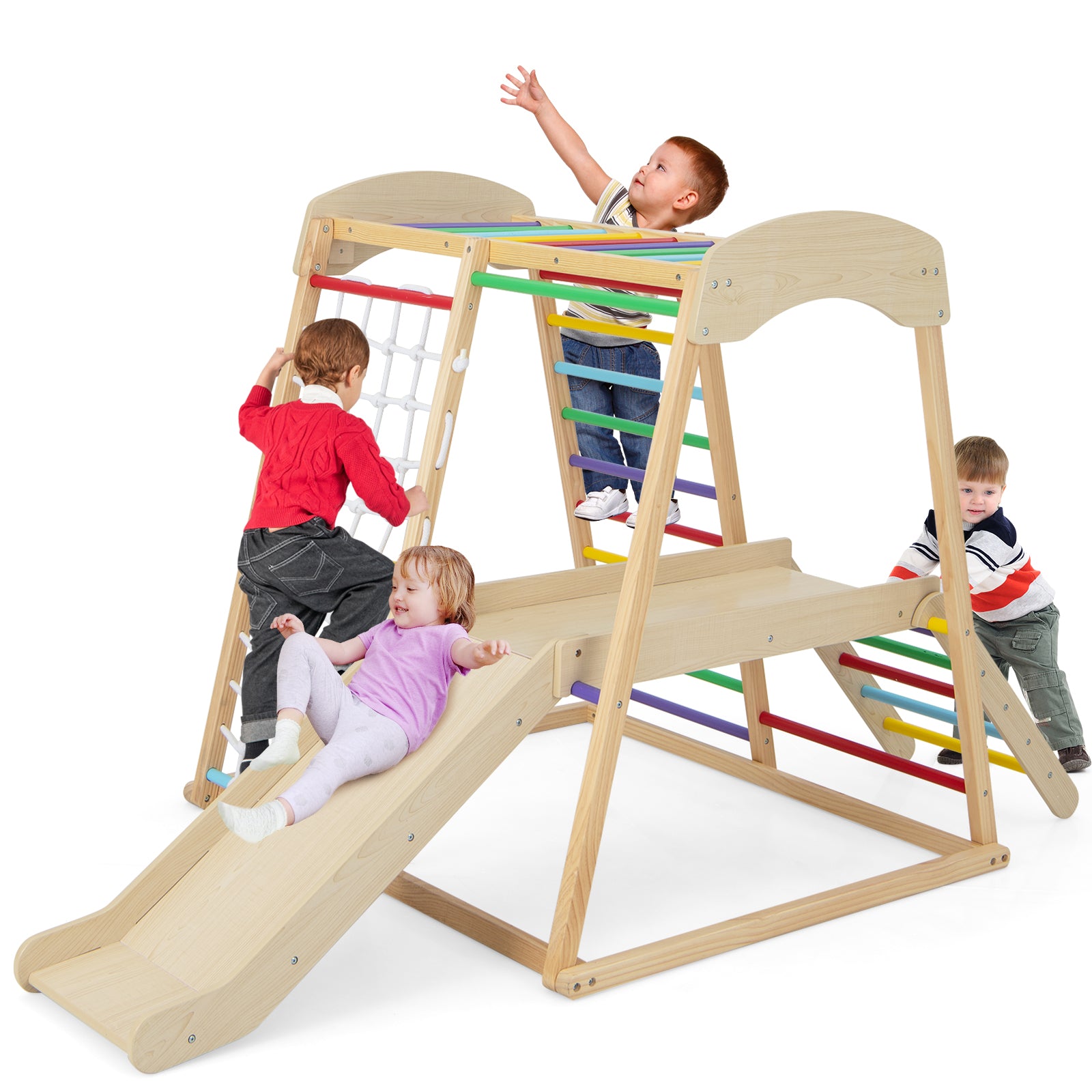 6-in-1 Indoor Jungle Gym Kids Wooden Playground Climber Playset-Multicolor