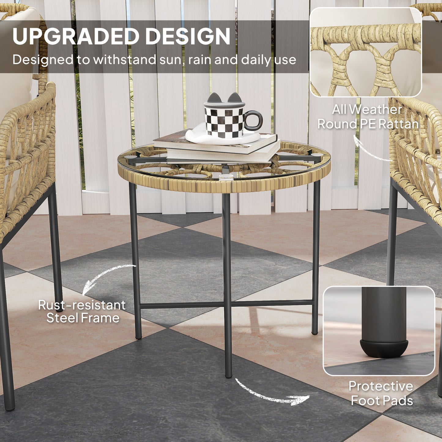 Outsunny 3 Piece Rattan Bistro Set, Wicker Garden Furniture Set with Cushions, Glass Top Coffee Table and Chairs for Outdoor, Patio, Balcony, Beige