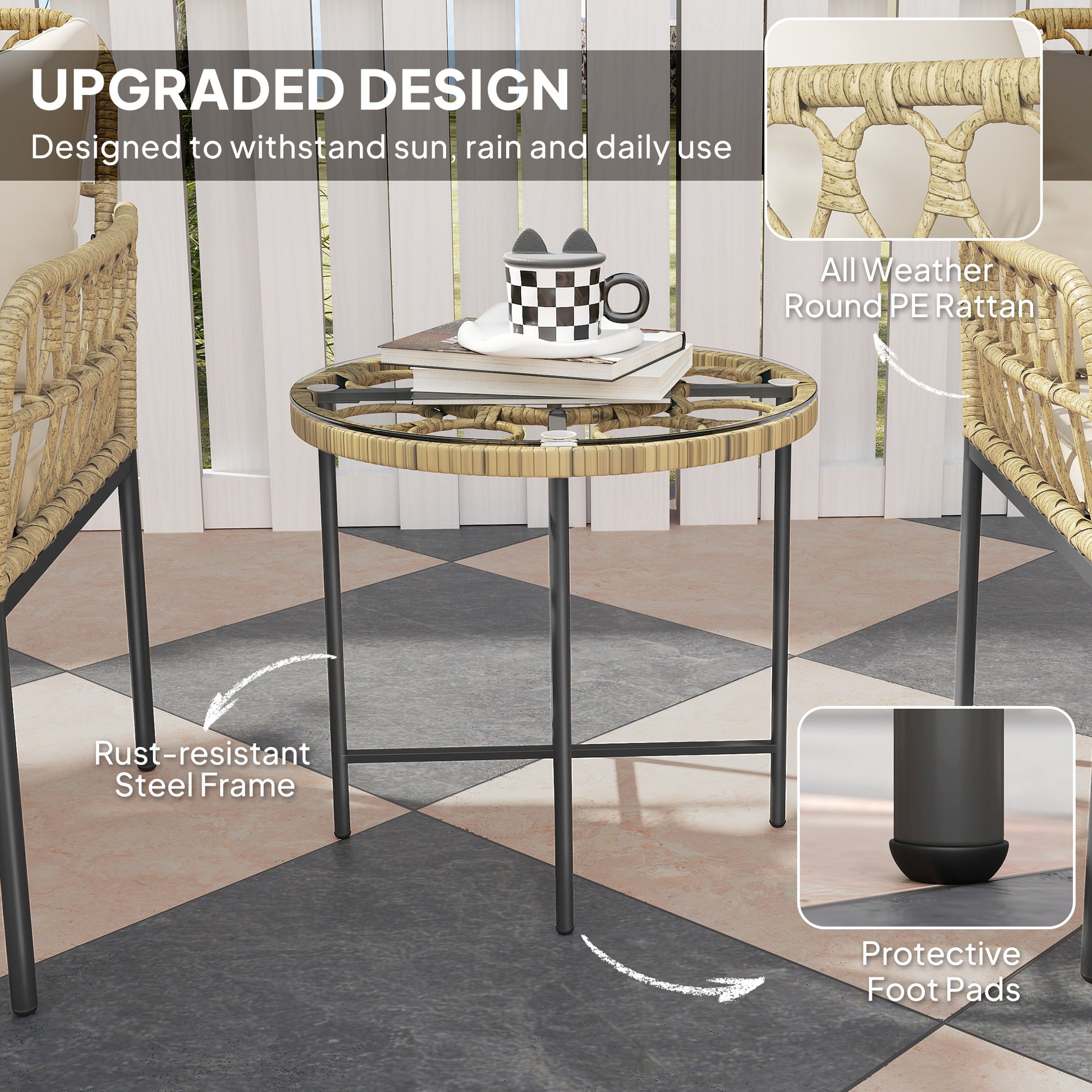 Outsunny 3 Piece Rattan Bistro Set, Wicker Garden Furniture Set with Cushions, Glass Top Coffee Table and Chairs for Outdoor, Patio, Balcony, Beige